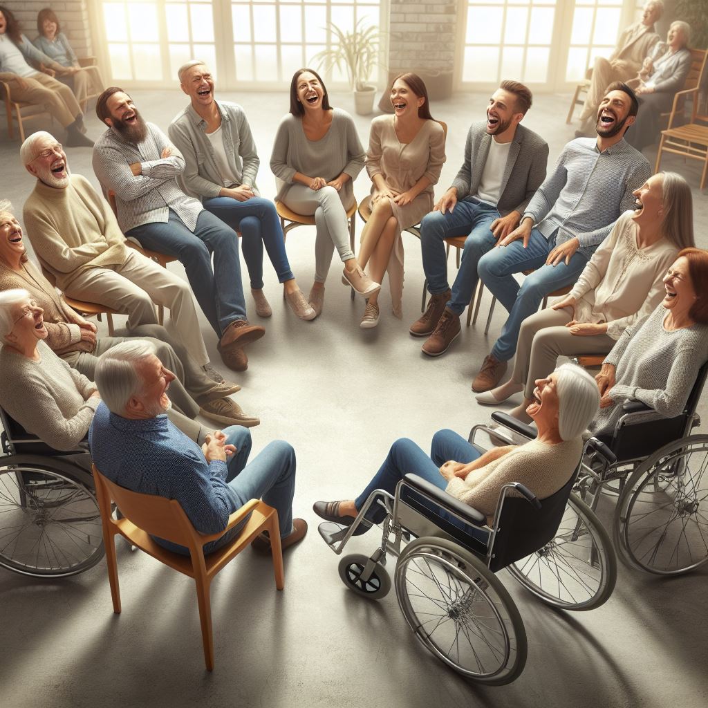 Lachende Menschen im Stuhlkreis mit und ohne Rollstuhl